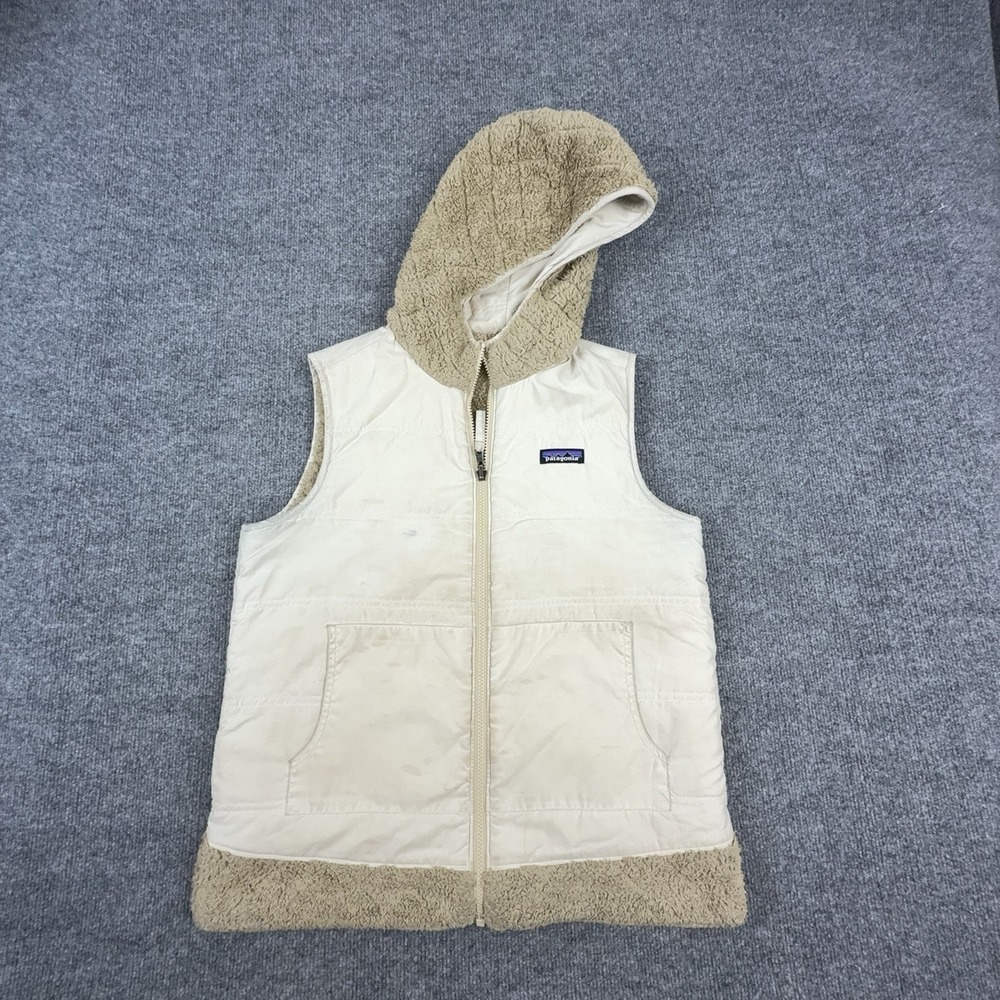 Patagonia Vest Womens Large Beige Reversible Hooded Fleece Quilted Zip Pockets